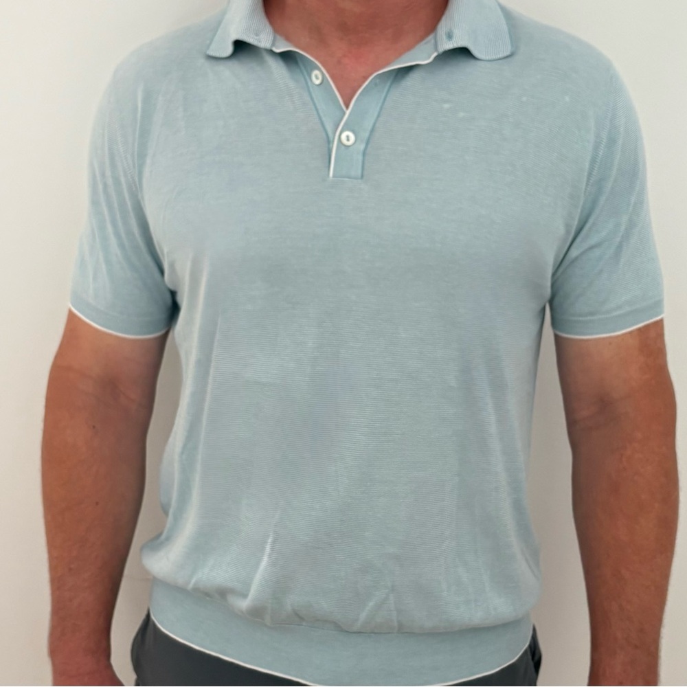 Loro Piana Men's Light Blue Stripped Polo Shirt Large